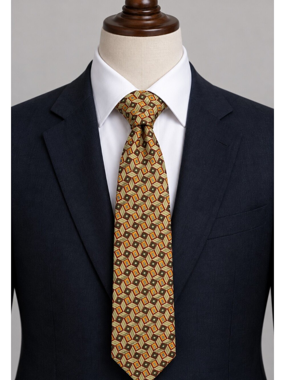 Jhane Barnes Silk Necktie Green Gold Geometric Pattern Made in USA